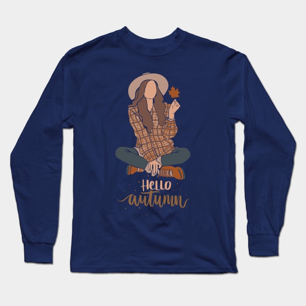 Hello autumn girl holding maple leaf Long Sleeve T-Shirt by kuallidesigns
